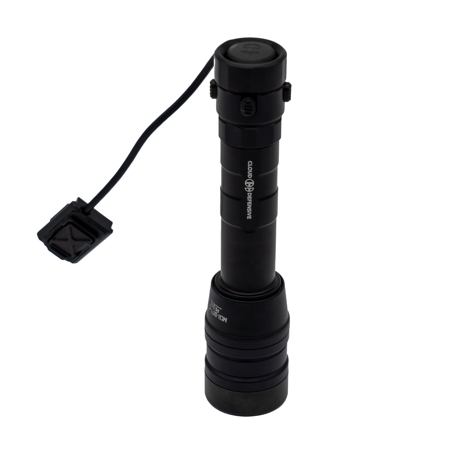 Black flashlight with visible brand name on a white background