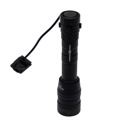 Black flashlight with visible brand name on a white background