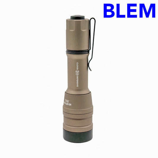 Brown flashlight with visible brand name on a white background