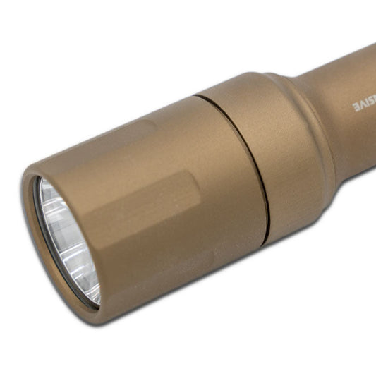 Close up of flashlight head in flat dark earth color