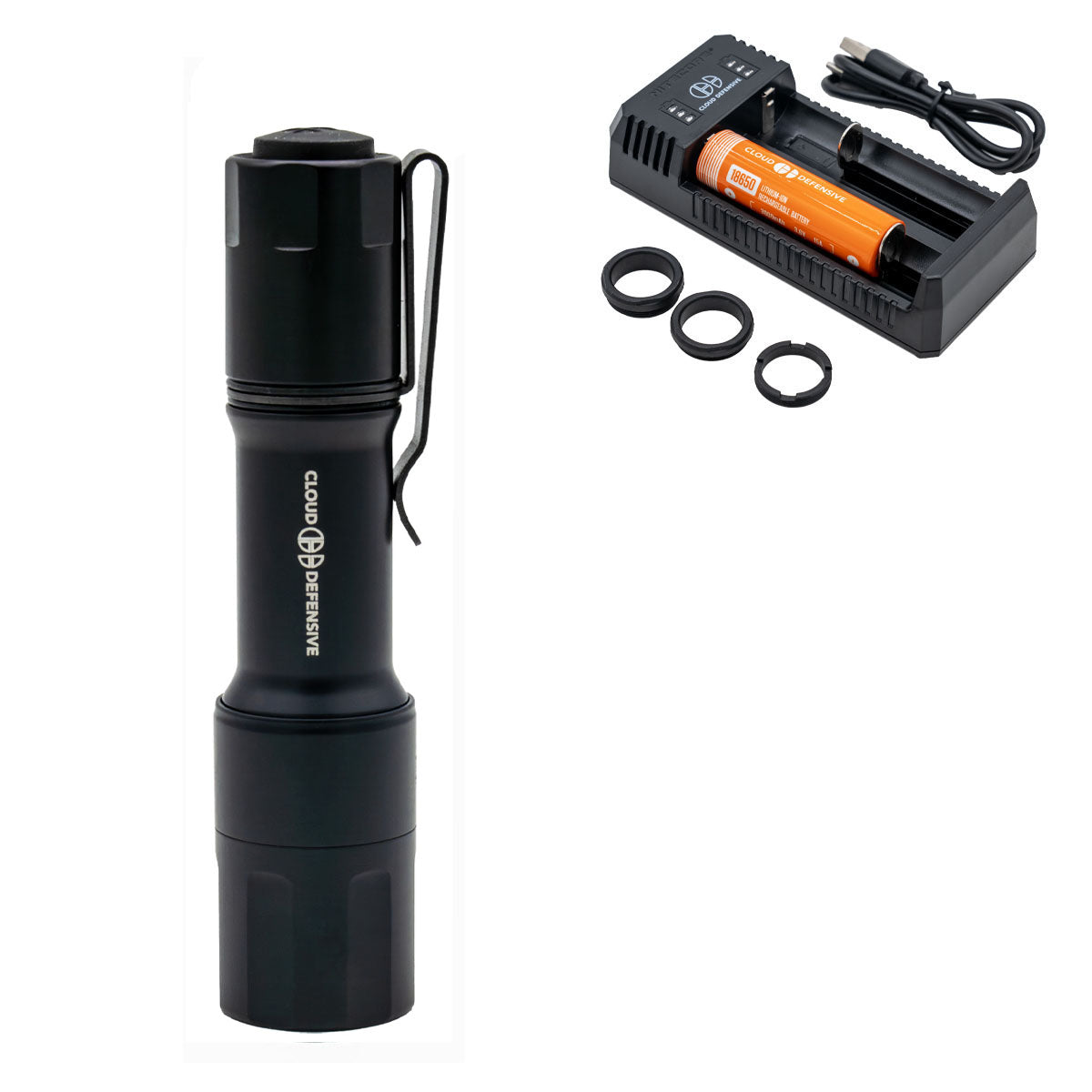 black MCH flashlight with included charger, battery, charging cable and 3 negligent discharge protection rings.