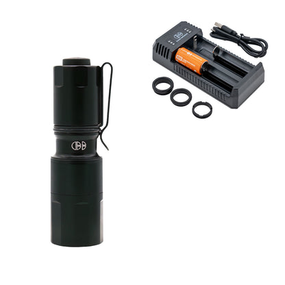 black MCH Micro flashlight with included charger, battery, charging cable and 3 negligent discharge protection rings.