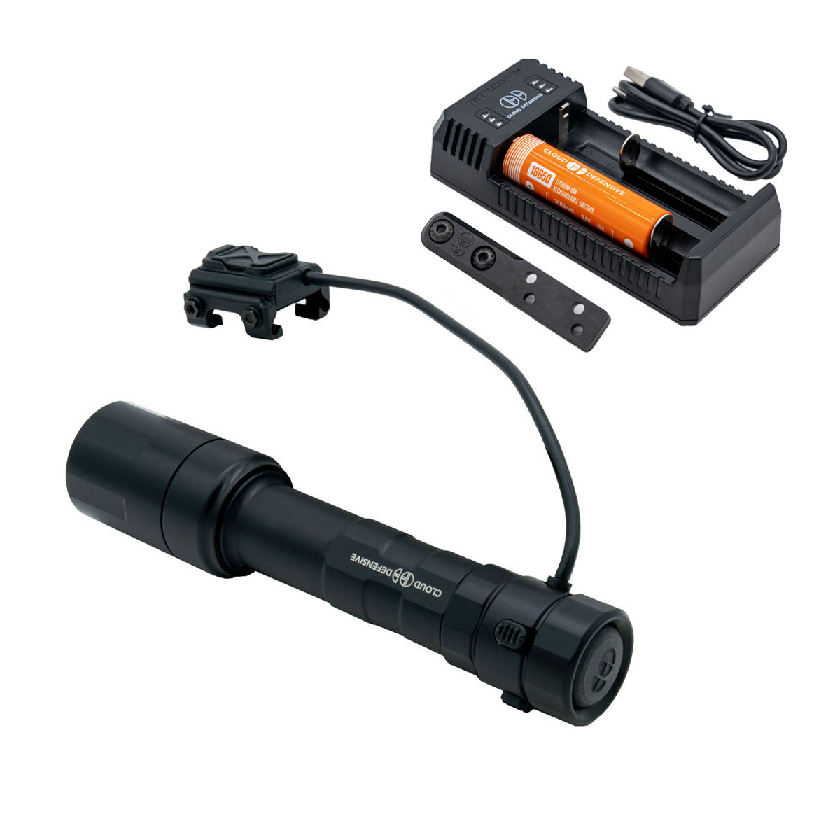 black Rein flashlight with included mount, switch, charger and charging cable.