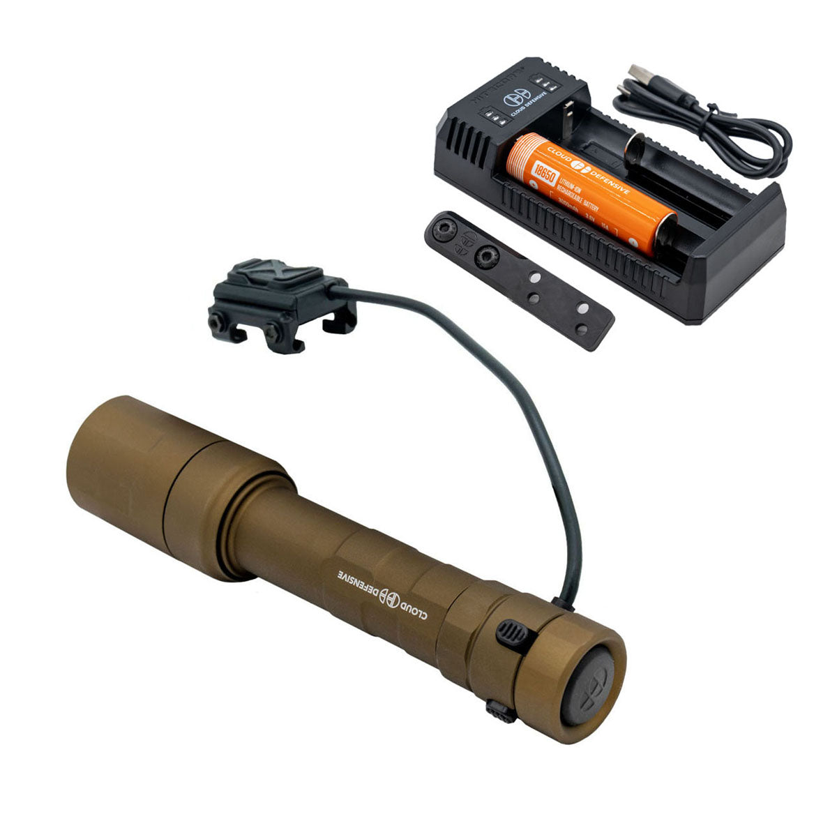 FDE Rein flashlight with included Mlok mount, switch, charger, battery and charging cable.