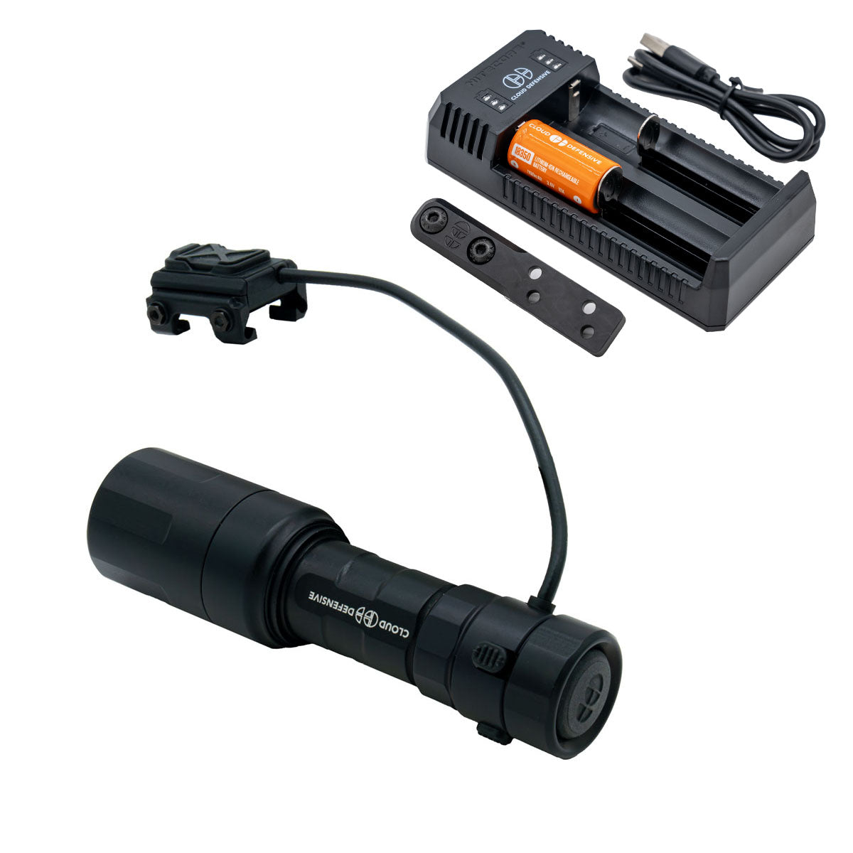 black Rein Micro flashlight with included mount, switch, charger and charging cable.