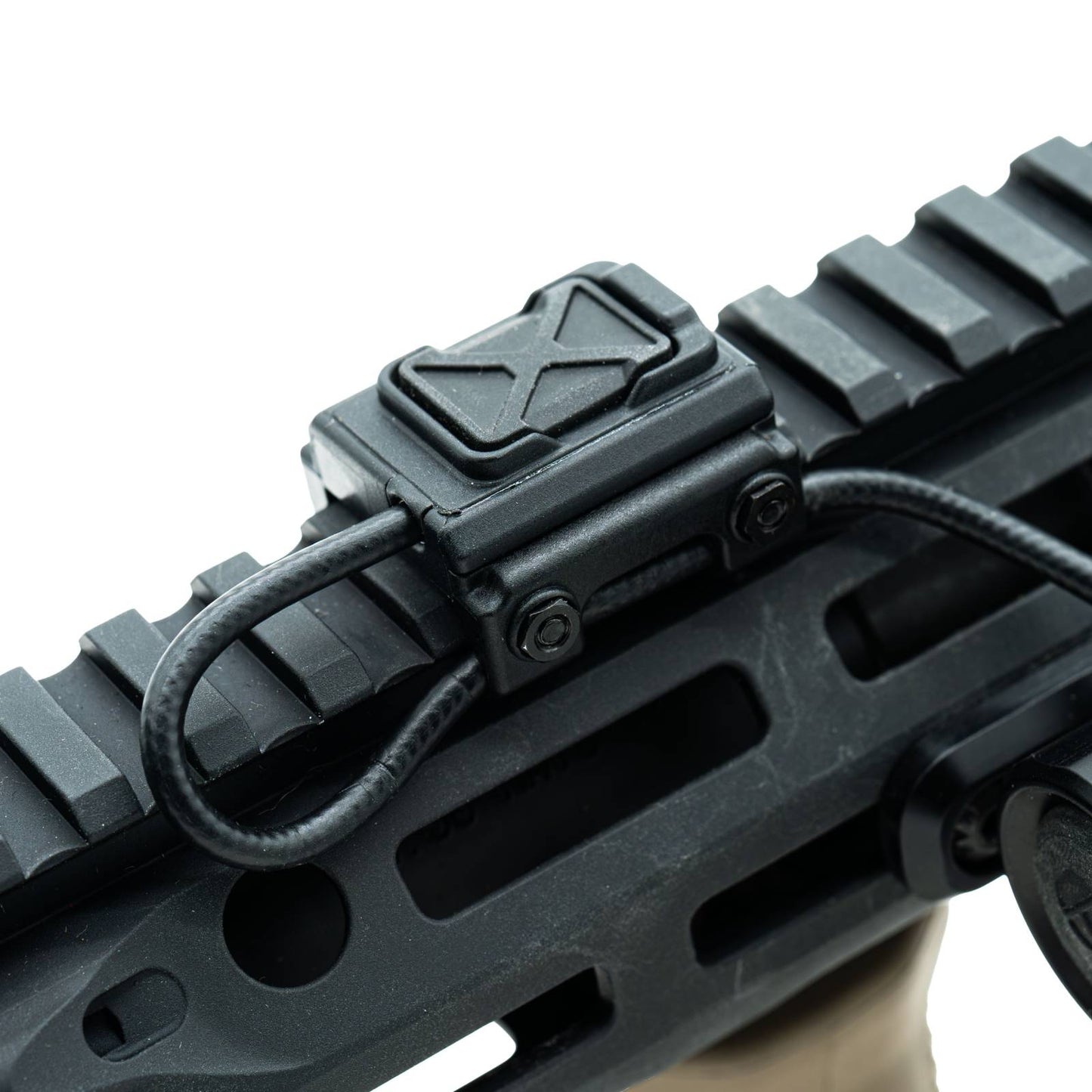 Close up of Rein single button constant on switch mounted to a handguard.