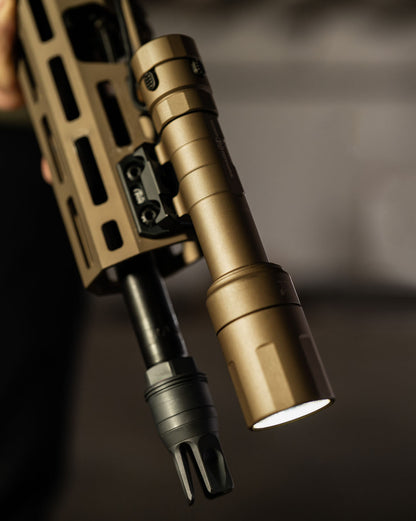 Close up of Rein flashlight mounted to a black Torrent AFR mount. Side view.