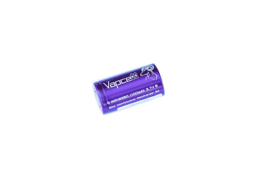 Close up of purple Vapcell 18350 battery.