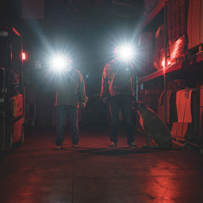 2 men in a warehouse shining MCH flashlights into camera.